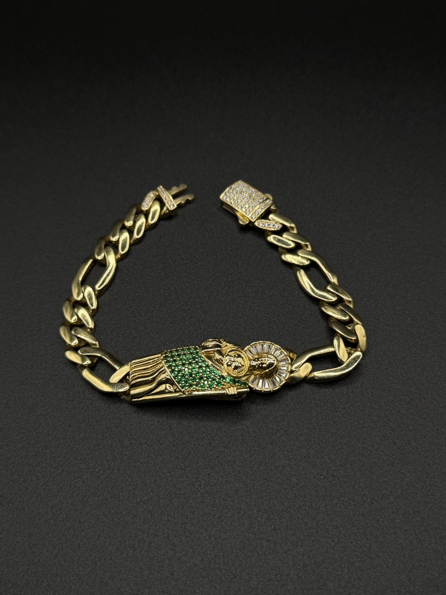 14K Gold San Judas Figaro Monaco Bracelet