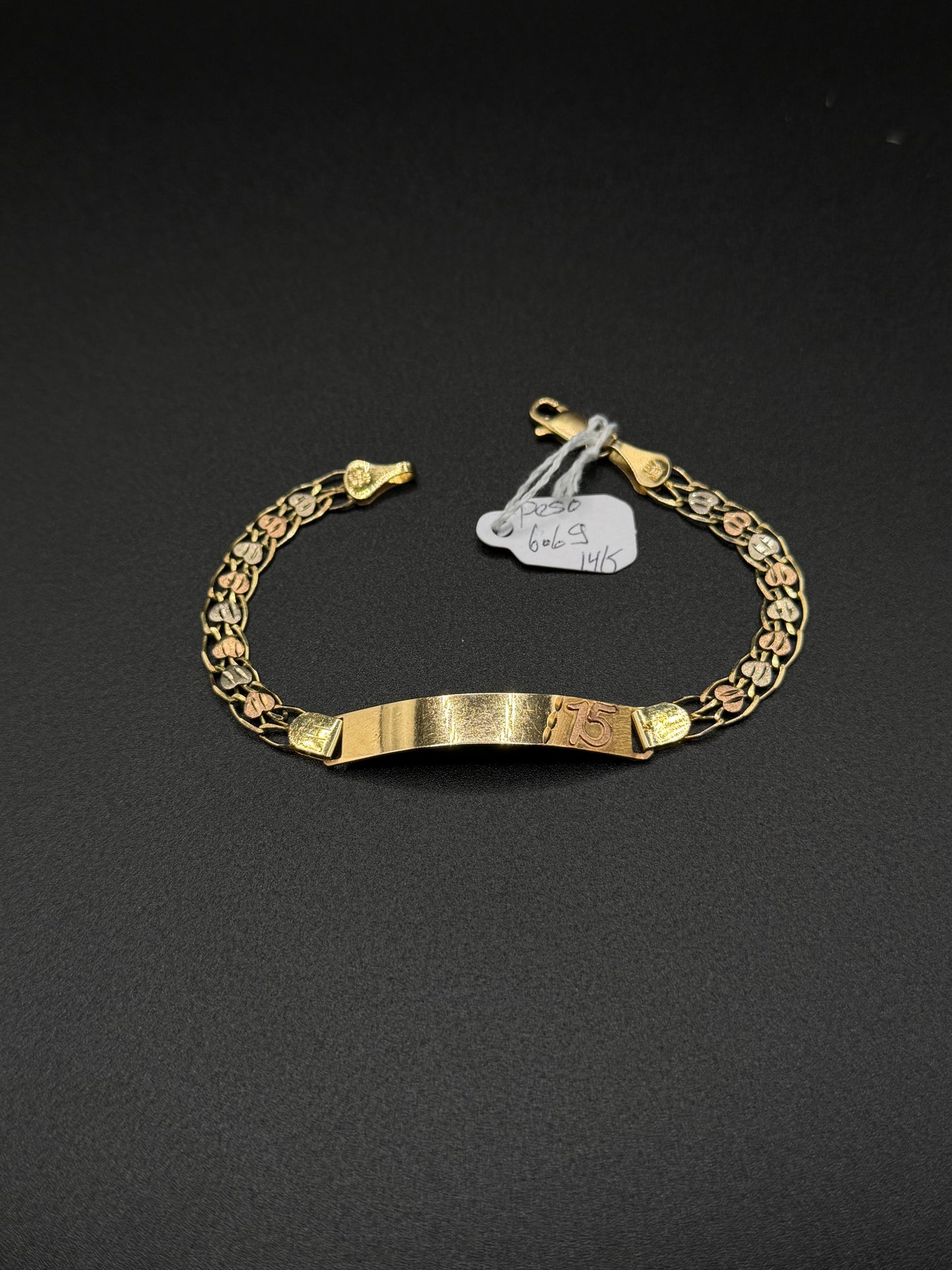 14K Gold Quinceañera Heart Link ID Bracelet
