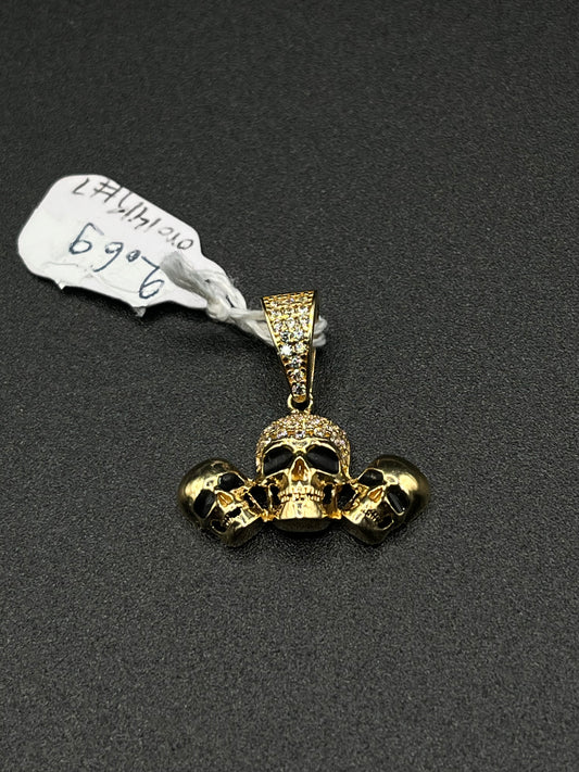 14K Gold 3 Skull Pendant